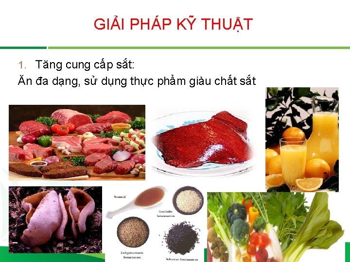 GIẢI PHÁP KỸ THUẬT 1. Tăng cung cấp sắt: Ăn đa dạng, sử dụng