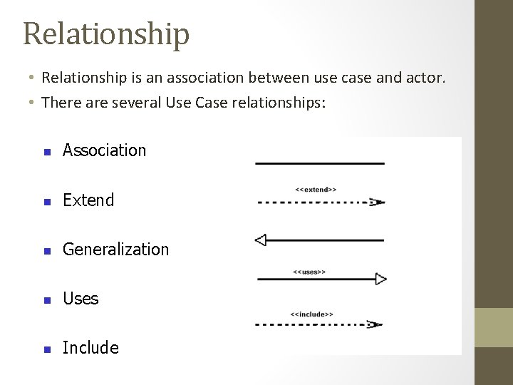Relationship • Relationship is an association between use case and actor. • There are