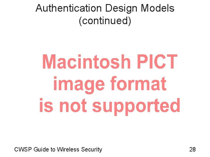Authentication Design Models (continued) CWSP Guide to Wireless Security 28 
