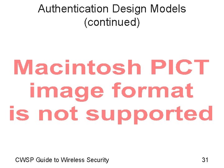 Authentication Design Models (continued) CWSP Guide to Wireless Security 31 