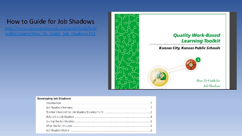 How to Guide for Job Shadows http: //www. newwaystowork. org/qwbl/tools/kckt oolkit/Guides/How_To_Guide_Job_Shadows. PDF 