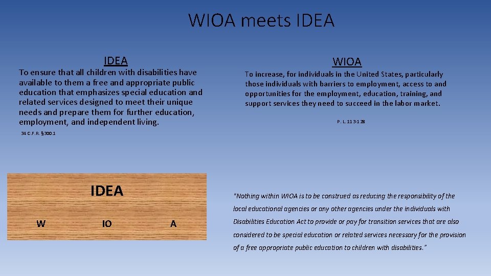 WIOA meets IDEA To ensure that all children with disabilities have available to them