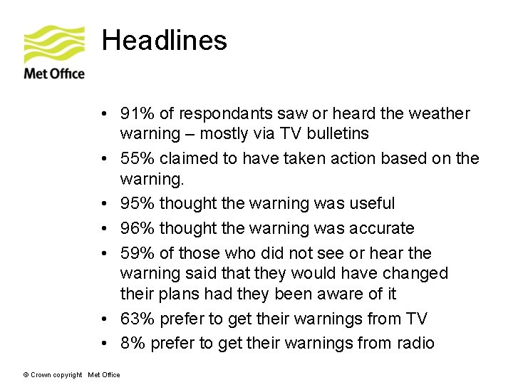 Headlines • 91% of respondants saw or heard the weather warning – mostly via Headlines • 91% of respondants saw or heard the weather warning – mostly via