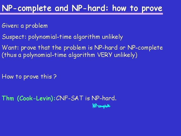 NP-complete and NP-hard: how to prove Given: a problem Suspect: polynomial-time algorithm unlikely Want: