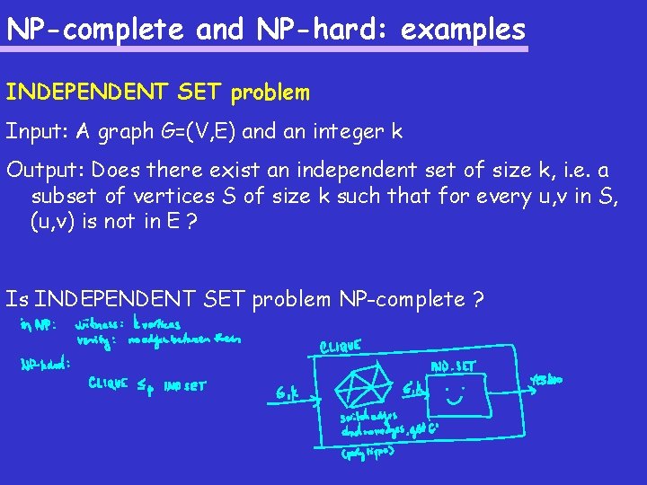 NP-complete and NP-hard: examples INDEPENDENT SET problem Input: A graph G=(V, E) and an