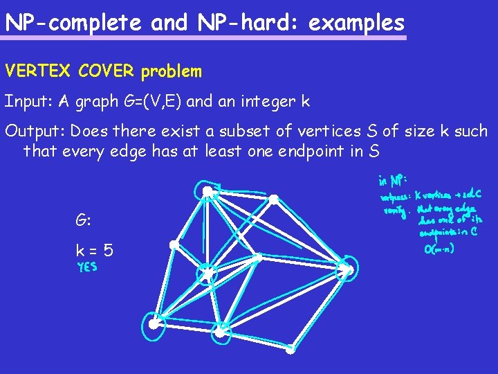 NP-complete and NP-hard: examples VERTEX COVER problem Input: A graph G=(V, E) and an