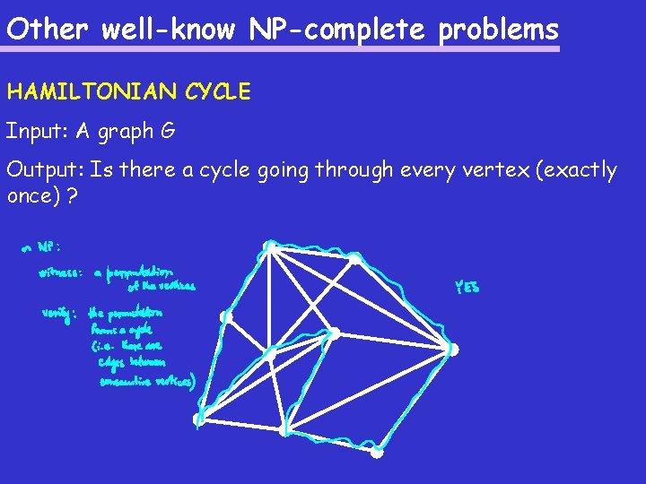 Other well-know NP-complete problems HAMILTONIAN CYCLE Input: A graph G Output: Is there a