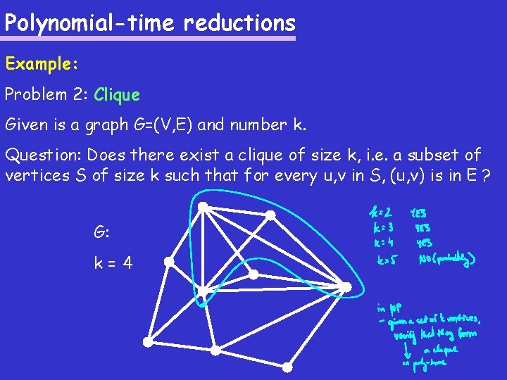 Polynomial-time reductions Example: Problem 2: Clique Given is a graph G=(V, E) and number