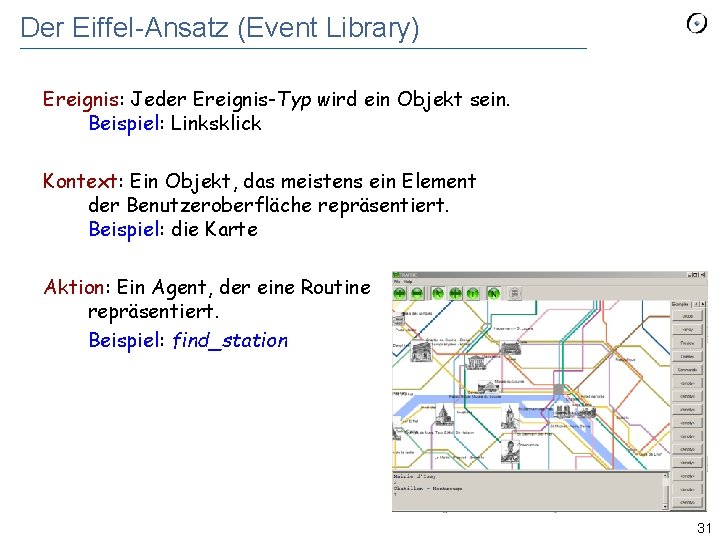 Der Eiffel-Ansatz (Event Library) Ereignis: Jeder Ereignis-Typ wird ein Objekt sein. Beispiel: Linksklick Kontext: