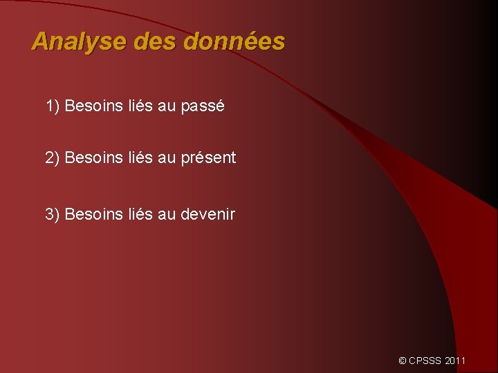 Analyse des données 1) Besoins liés au passé 2) Besoins liés au présent 3)