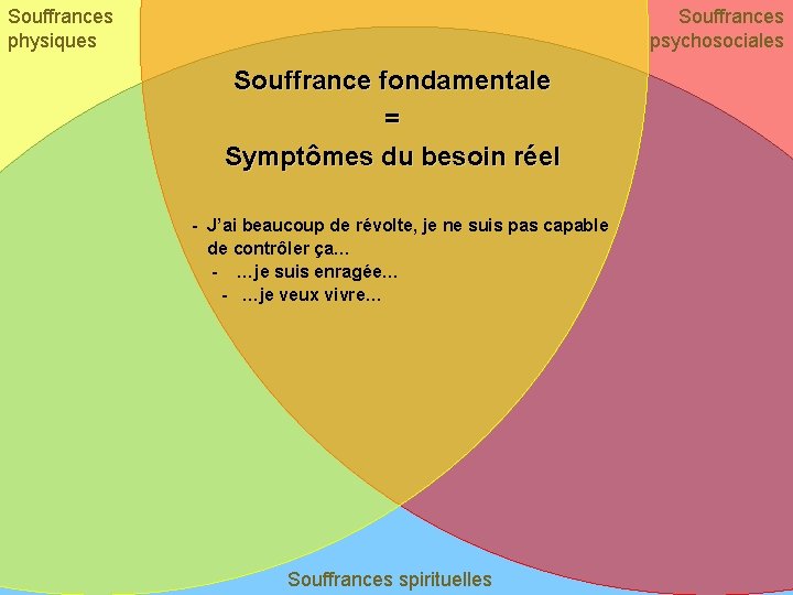 Souffrances physiques Souffrances psychosociales Souffrance fondamentale = Symptômes du besoin réel - J’ai beaucoup