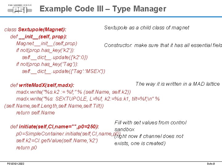 Example Code III – Type Manager Sextupole as a child class of magnet class