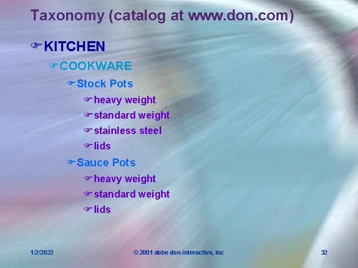 Taxonomy (catalog at www. don. com) FKITCHEN FCOOKWARE FStock Pots Fheavy weight Fstandard weight