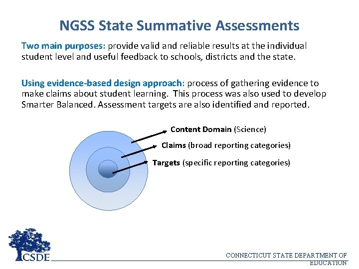 NGSS State Summative Assessments Two main purposes: provide valid and reliable results at the