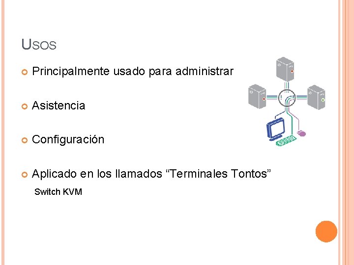 USOS Principalmente usado para administrar Asistencia Configuración Aplicado en los llamados “Terminales Tontos” Switch