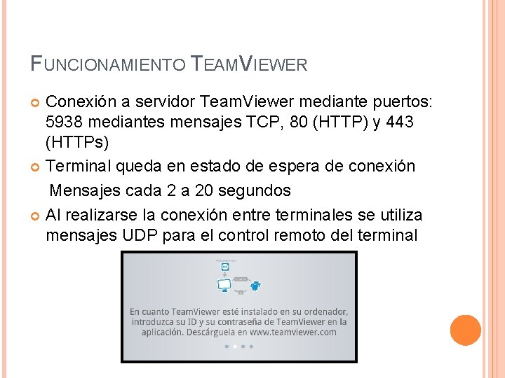 FUNCIONAMIENTO TEAMVIEWER Conexión a servidor Team. Viewer mediante puertos: 5938 mediantes mensajes TCP, 80