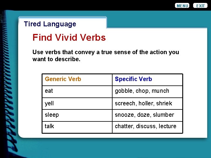 MENU Wordiness Tired Language Find Vivid Verbs Use verbs that convey a true sense