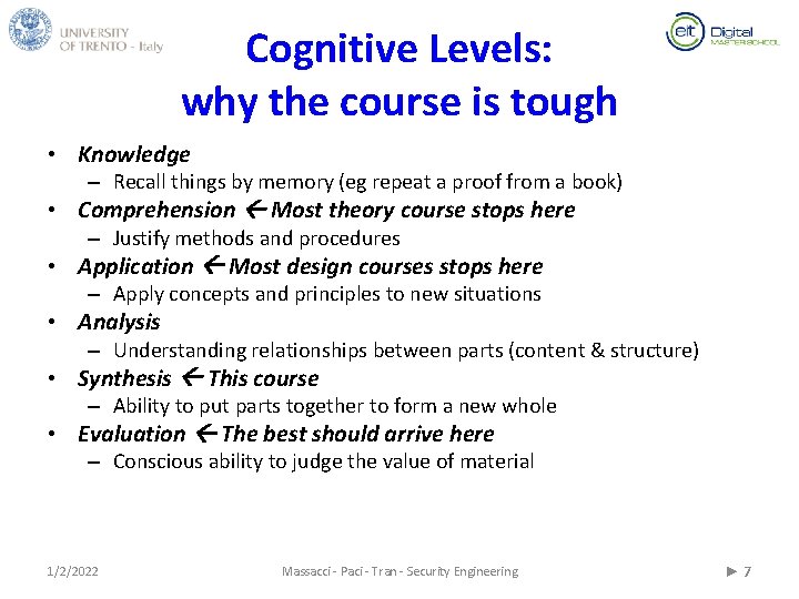 Cognitive Levels: why the course is tough • Knowledge – Recall things by memory