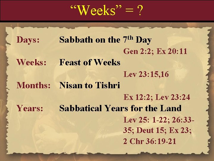 “Weeks” = ? Days: Sabbath on the 7 th Day Gen 2: 2; Ex “Weeks” = ? Days: Sabbath on the 7 th Day Gen 2: 2; Ex