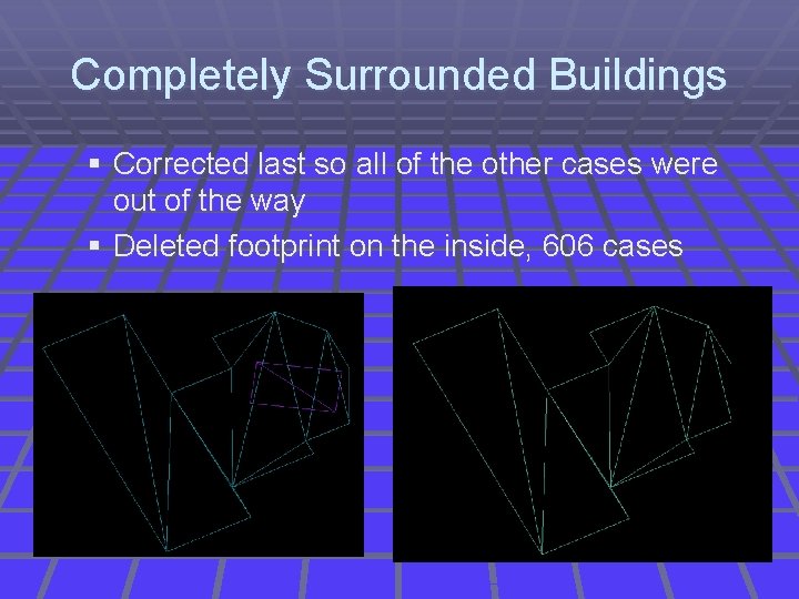 Completely Surrounded Buildings § Corrected last so all of the other cases were out