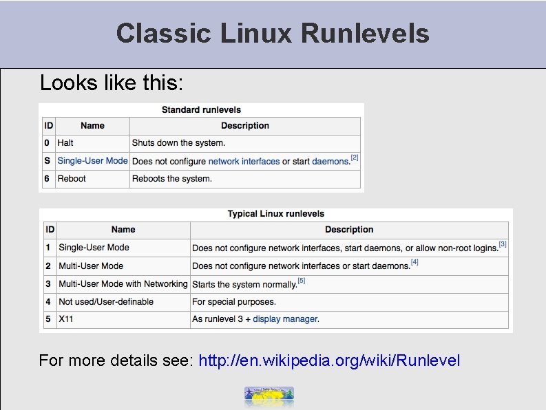 Classic Linux Runlevels Looks like this: For more details see: http: //en. wikipedia. org/wiki/Runlevel