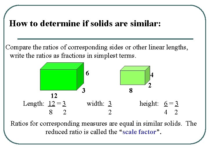 How to determine if solids are similar: Compare the ratios of corresponding sides or