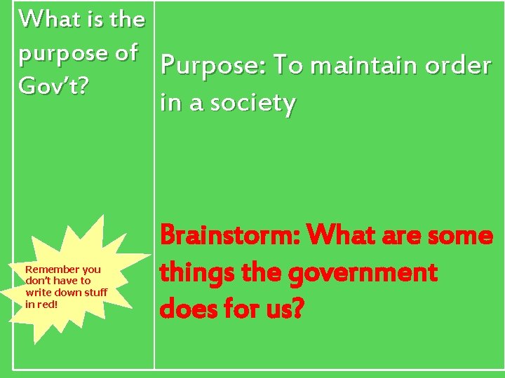 What is the purpose of Purpose: To maintain order Gov’t? in a society Remember