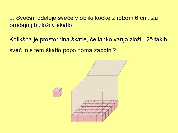 2. Svečar izdeluje sveče v obliki kocke z robom 6 cm. Za prodajo jih