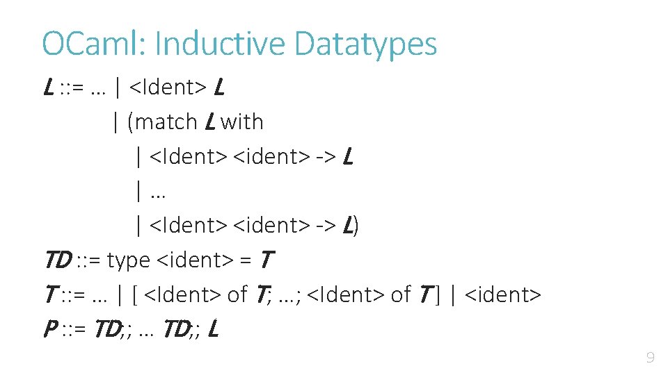 OCaml: Inductive Datatypes L : : = … | <Ident> L | (match L