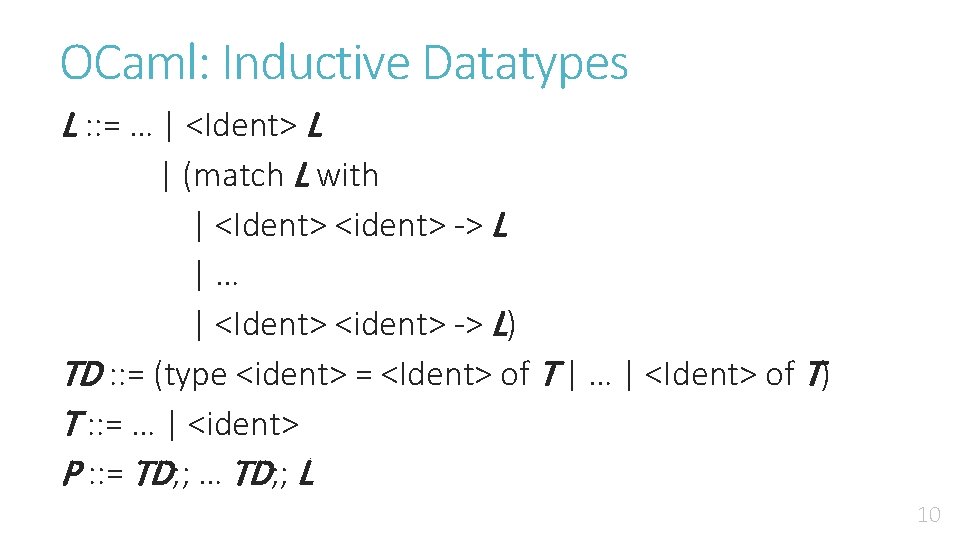 OCaml: Inductive Datatypes L : : = … | <Ident> L | (match L