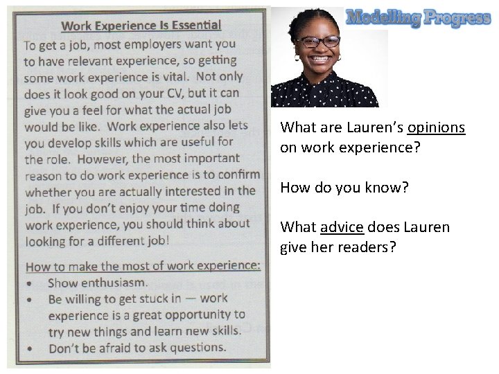What are Lauren’s opinions on work experience? How do you know? What advice does