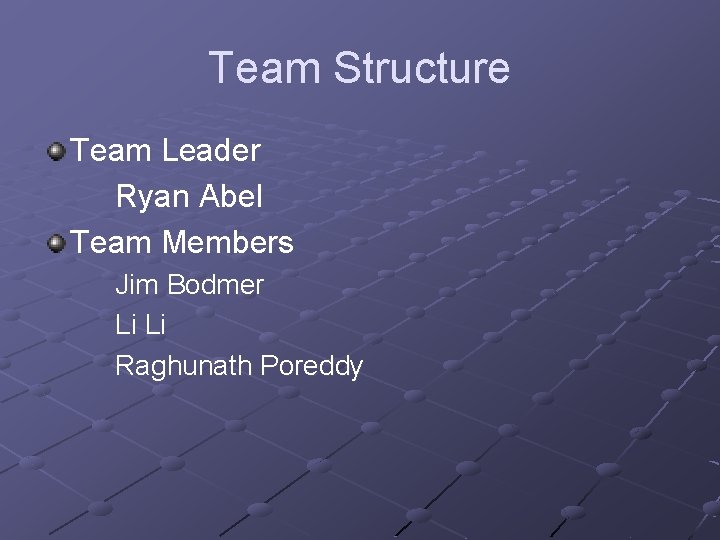 Team Structure Team Leader Ryan Abel Team Members Jim Bodmer Li Li Raghunath Poreddy