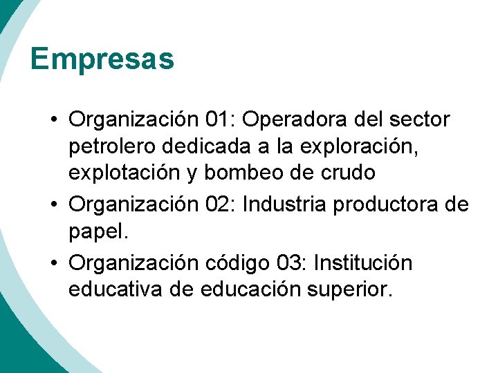 Empresas • Organización 01: Operadora del sector petrolero dedicada a la exploración, explotación y