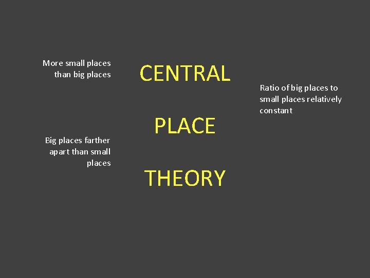 More small places than big places Big places farther apart than small places CENTRAL