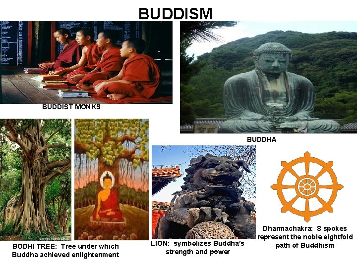 BUDDISM BUDDIST MONKS BUDDHA BODHI TREE: Tree under which Buddha achieved enlightenment LION: symbolizes