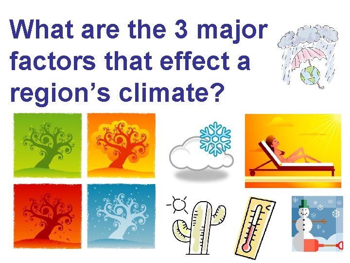 What are the 3 major factors that effect a region’s climate? 