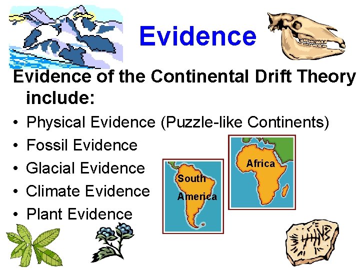 Evidence of the Continental Drift Theory include: • • • Physical Evidence (Puzzle-like Continents) Evidence of the Continental Drift Theory include: • • • Physical Evidence (Puzzle-like Continents)