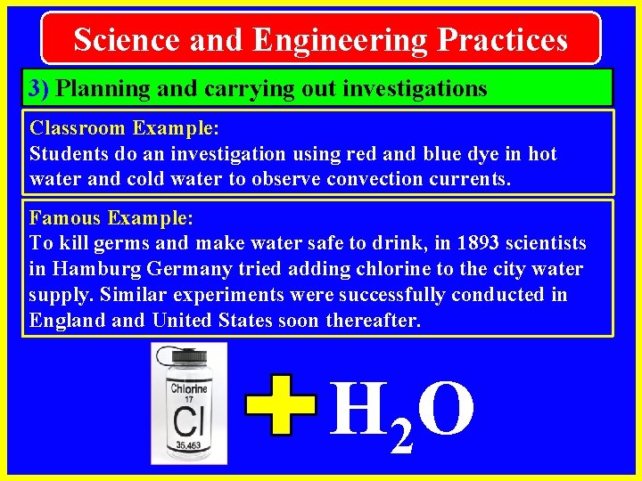 Science and Engineering Practices 3) Planning and carrying out investigations Classroom Example: Students do