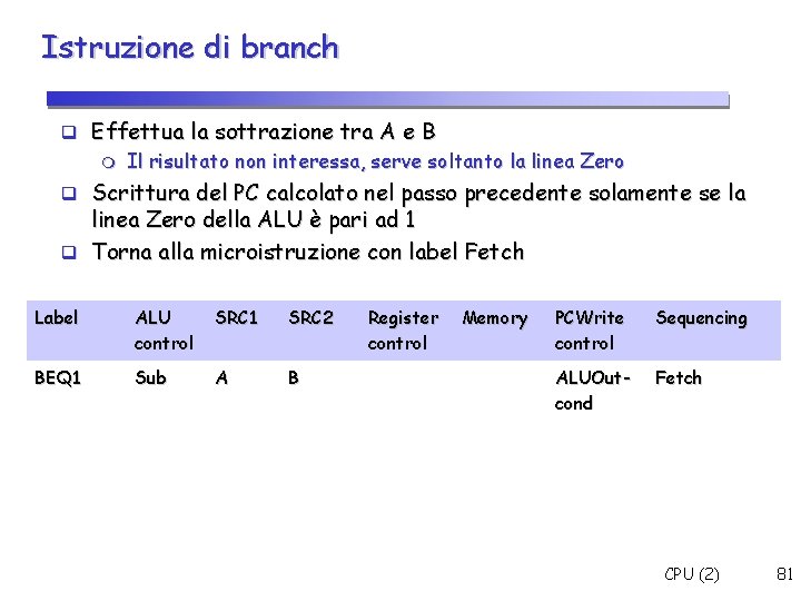 Istruzione di branch Effettua la sottrazione tra A e B Il risultato non interessa,