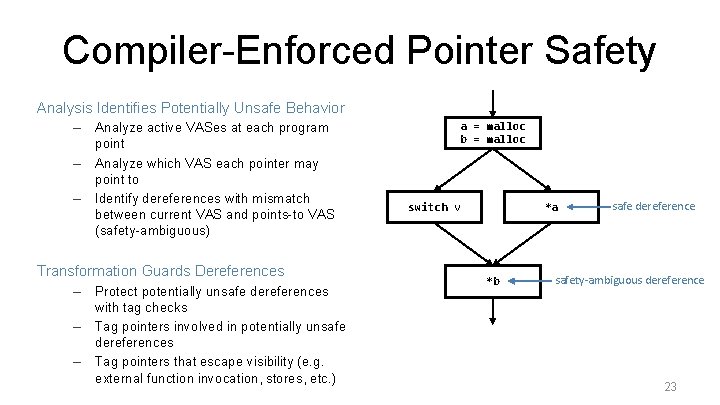 Compiler-Enforced Pointer Safety Analysis Identifies Potentially Unsafe Behavior – – – Analyze active VASes