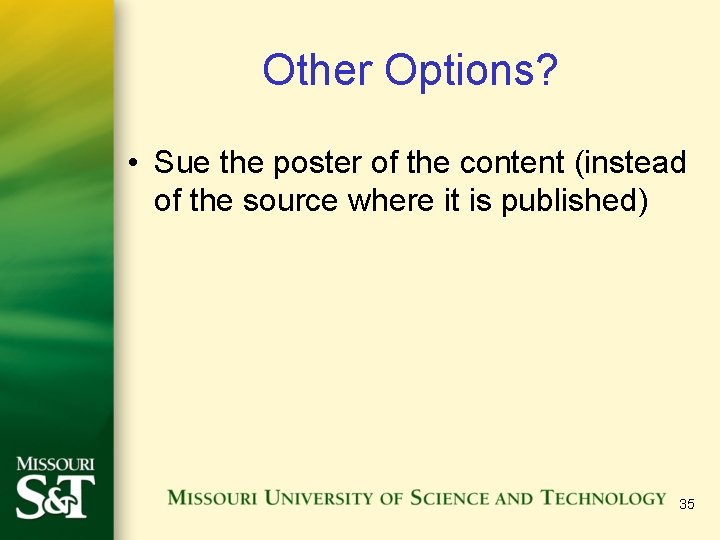 Other Options? • Sue the poster of the content (instead of the source where Other Options? • Sue the poster of the content (instead of the source where