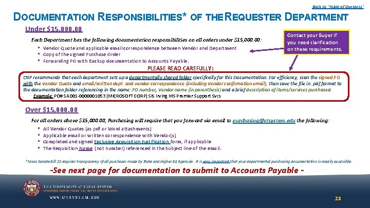 Back to ‘Table of Contents’ DOCUMENTATION RESPONSIBILITIES* OF THE REQUESTER DEPARTMENT Under $15, 000. Back to ‘Table of Contents’ DOCUMENTATION RESPONSIBILITIES* OF THE REQUESTER DEPARTMENT Under $15, 000.