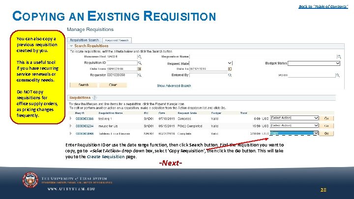 COPYING AN EXISTING REQUISITION Back to ‘Table of Contents’ You can also copy a COPYING AN EXISTING REQUISITION Back to ‘Table of Contents’ You can also copy a