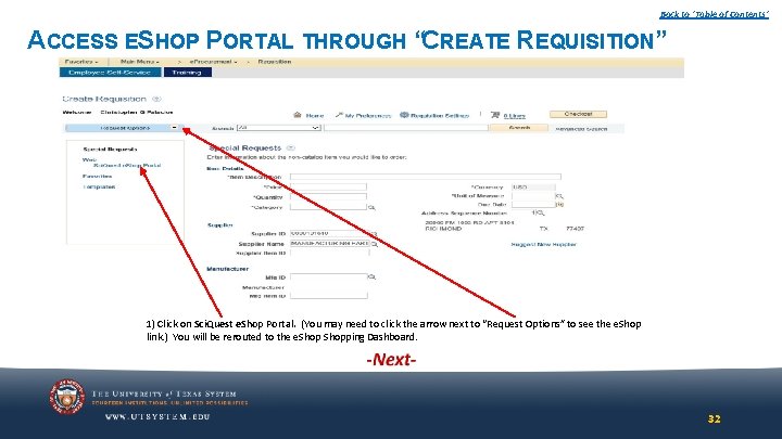 Back to ‘Table of Contents’ ACCESS ESHOP PORTAL THROUGH “CREATE REQUISITION” 1) Click on Back to ‘Table of Contents’ ACCESS ESHOP PORTAL THROUGH “CREATE REQUISITION” 1) Click on