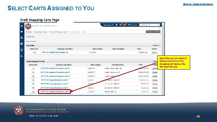SELECT CARTS ASSIGNED TO YOU Back to ‘Table of Contents’ Draft Shopping Carts Page SELECT CARTS ASSIGNED TO YOU Back to ‘Table of Contents’ Draft Shopping Carts Page