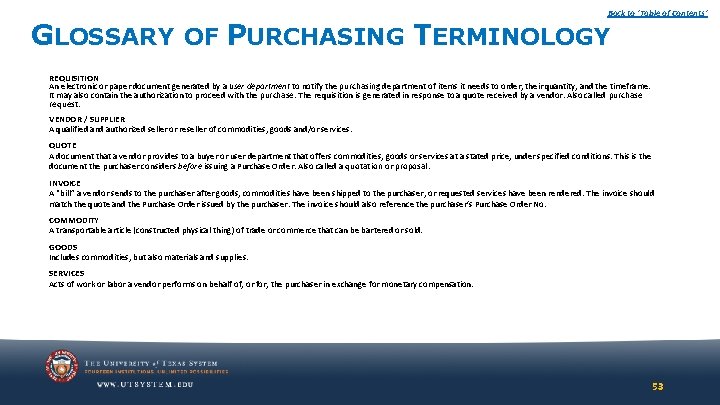 Back to ‘Table of Contents’ GLOSSARY OF PURCHASING TERMINOLOGY REQUISITION An electronic or paper Back to ‘Table of Contents’ GLOSSARY OF PURCHASING TERMINOLOGY REQUISITION An electronic or paper
