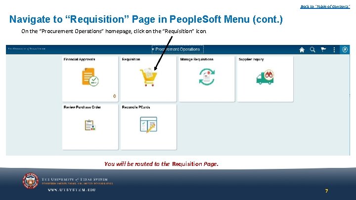 Back to ‘Table of Contents’ Navigate to “Requisition” Page in People. Soft Menu (cont. Back to ‘Table of Contents’ Navigate to “Requisition” Page in People. Soft Menu (cont.