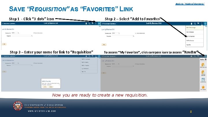 Back to ‘Table of Contents’ SAVE “REQUISITION” AS “FAVORITES” LINK Step 1 - Click Back to ‘Table of Contents’ SAVE “REQUISITION” AS “FAVORITES” LINK Step 1 - Click
