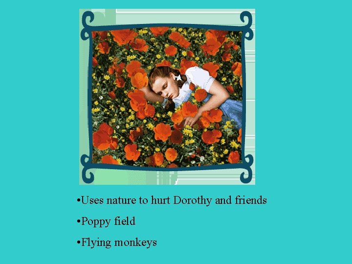  • Uses nature to hurt Dorothy and friends • Poppy field • Flying