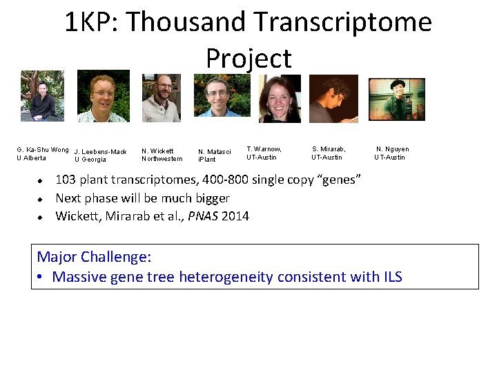 1 KP: Thousand Transcriptome Project G. Ka-Shu Wong J. Leebens-Mack U Alberta U Georgia